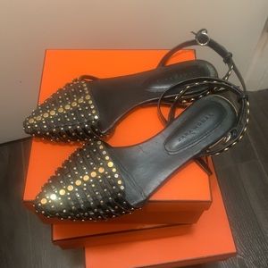 Zara black leather gold and silver studded ankle wrap flats